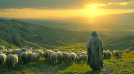 Serene Shepherd Leading Sheep through Lush Green Hills of Quba, generative ai
