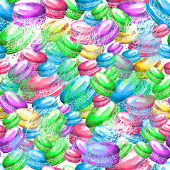 Seamless vintage pattern with watercolor. Tasty colorful macaron.
Use for design, postcards, posters, packaging, invitations. Watercolor macaroon, cake, cookies. Pencil stroke, artistic drawing. - 761642994