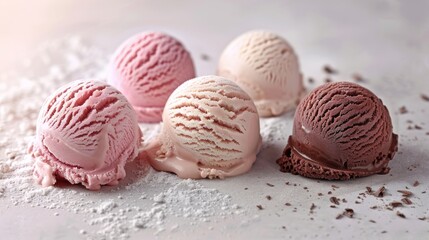 Scoops of ice cream in strawberry, chocolate, and vanilla flavors dusted with powdered sugar
