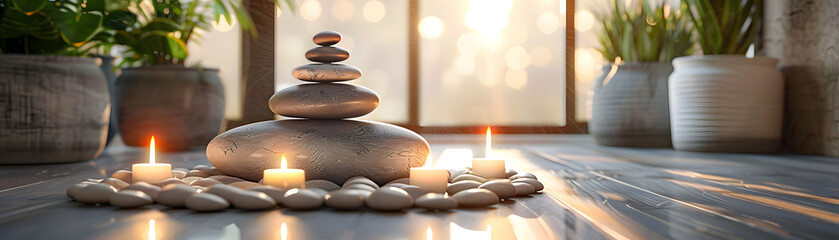 Zen stones stacked with lit candles on a wooden table, creating a tranquil and meditative atmosphere in a serene environment.