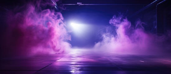 Abstract Empty Scene with Concrete Floor, Neon Lights, and Smoke. Trend Color: Proton Purple