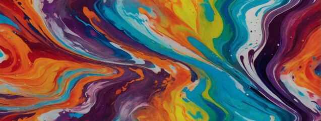 Bold and vibrant abstract painting texture featuring marbled acrylic ink waves in a colorful rainbow swirl, ideal for creating energetic and visually stunning banners and backgrounds.