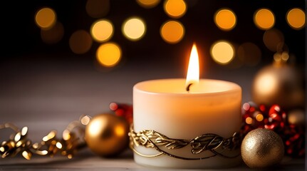 Obraz na płótnie Canvas Christmas candle and decorations. Bokeh background. Generative AI