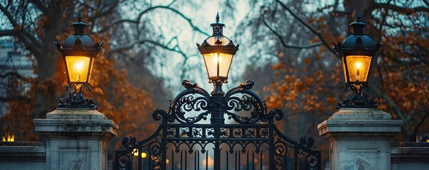 Cast iron metal gates and lamp on marble arch - obrazy, fototapety, plakaty