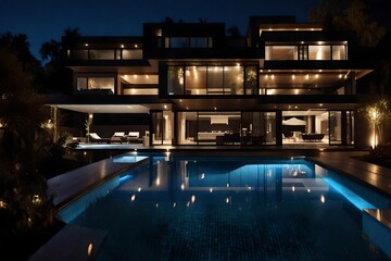 swimming pool at night with house