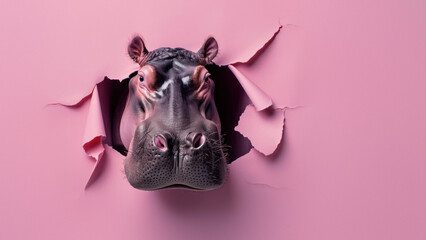 Striking image capturing a hippo's head cleanly popping out of a solid pink paper backdrop