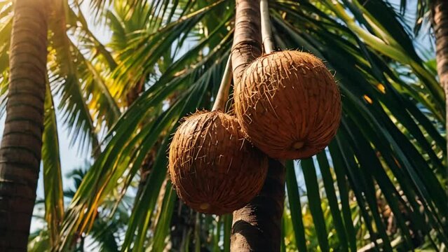 Ripe coconuts on a palm tree