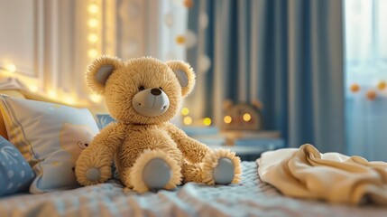 Golden hour glow in a cozy child's room with a cheerful teddy bear on the bed

 - obrazy, fototapety, plakaty