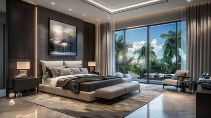 A modern bedroom featuring curated artwork collections, including contemporary paintings and avant-garde sculptures, captured in breathtaking