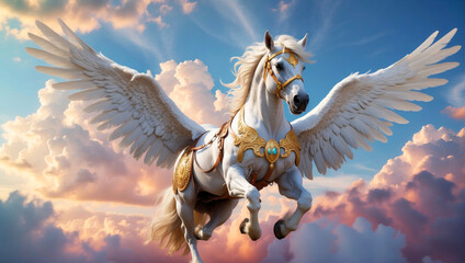 A white Pegasus flies above the clouds
