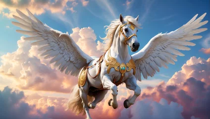 Fotobehang A white Pegasus flies above the clouds © AMERO MEDIA