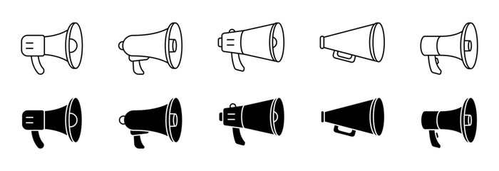 Megaphone icon collection. Loudspeaker - flat and linear icons set.