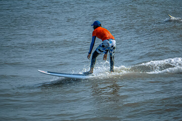 Extreme Fast Action Sports or Highspeed Action Photography or High Shutterspeed Photography - Picture of Surfer Man Surfing On Blue Ocean Wave, Kovalam Beach, Chennai, Tamilnadu, South India.	