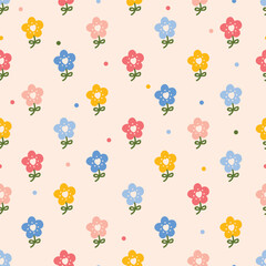 Cute floral seamless pattern with cute flower, heart and polka dot. Vintage flowers illustration. Template for fashion prints. - 761643996