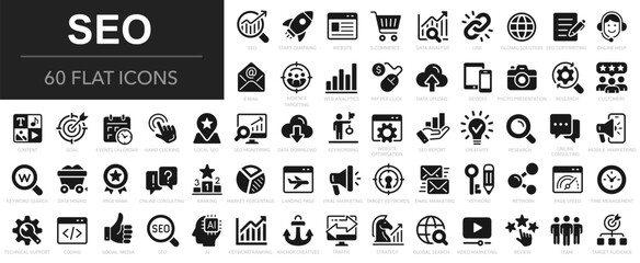 SEO icons set. Search Engine Optimization symbol collection. Search, content, analysis, traffic, link, development, optimization, - stock vector. - obrazy, fototapety, plakaty