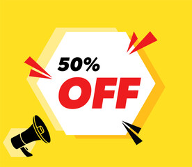Fifty percent off - vector advertising banner with megaphone.