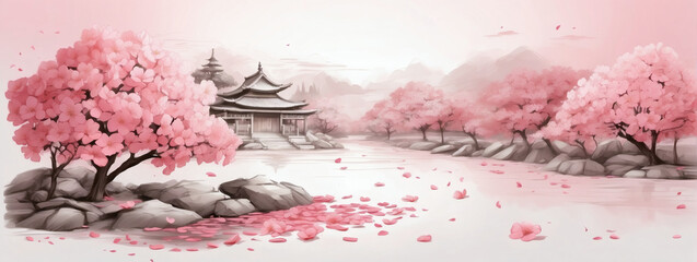 Cherry blossom pink transitioning into sakura and cherry blossom petals. Tranquil Japanese garden scene with delicate blossoms.