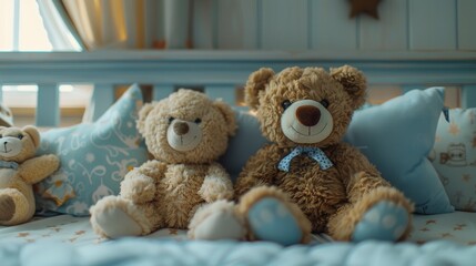 Cozy children's bedroom with cuddly teddy bears and soft blue accents for a serene atmosphere