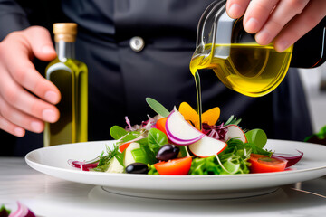 the chef's hands pour olive oil into a vegetable salad, close up