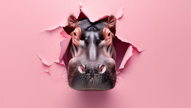 A frontal depiction of a hippo head directly breaking the barrier of a pink sheet, conveying confidence and boldness