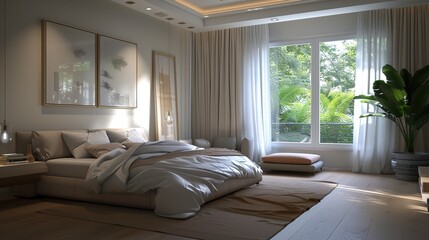 A modern minimalist bedroom with clean lines, neutral tones, and understated elegance, inviting relaxation in lifelike
