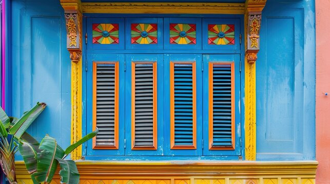 A close-up of the charming window shutters on a craftsman townhouse, painted in vibrant hues and adorned with intricate hardware, adding character to its facade.