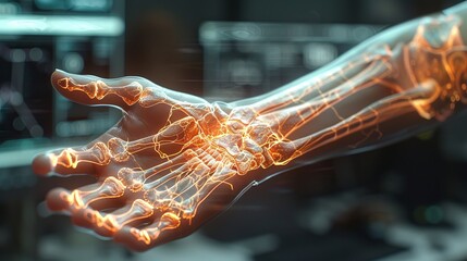 3D hologram of human wrist bones displayed for educational purpose - obrazy, fototapety, plakaty