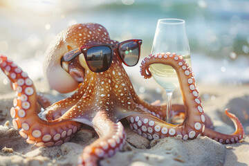 An octopus with sunglasses holding a glass of wine, at the beach  - obrazy, fototapety, plakaty