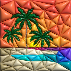 Palm, sand, sea and summer. Low poly.