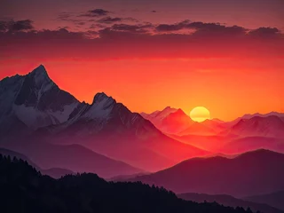 Foto op Plexiglas anti-reflex sunset behind the mountains background © REZAUL4513