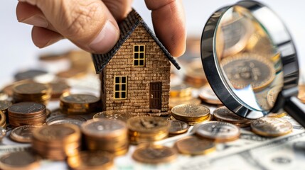 Hand holding a magnifying glass over a small house surrounded by coins, indicating meticulous investment planning