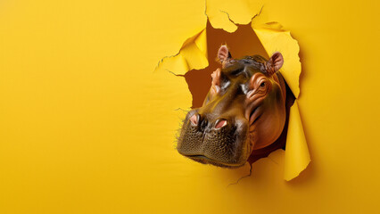 A playful hippo tilts its head with a yellow paper tear effect, illustrating humor and creativity