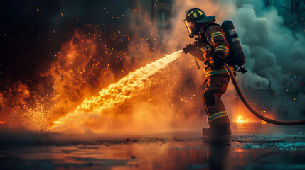 Fire in the shadows: fighting the flames.  - obrazy, fototapety, plakaty