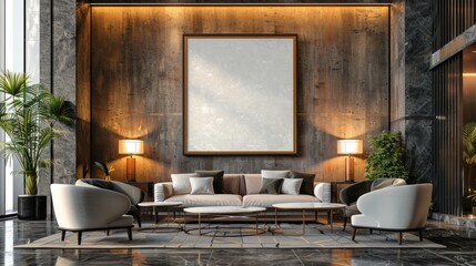 Modern living room, with blank frame for mockups
