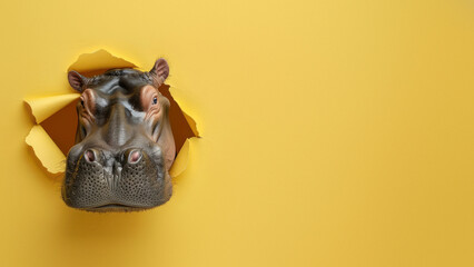 A surprised looking hippopotamus face emerging humorously from a yellow paper-like background