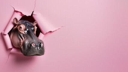 A humorous scene featuring a hippo's head popping through a ripped pink background, evoking...