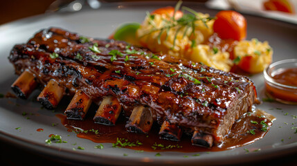 Dinner at a restaurant: savoring the flavor of juicy ribs. 