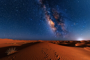 Starry night over desert sands with the Milky Way galaxy rising on the horizon under a clear sky