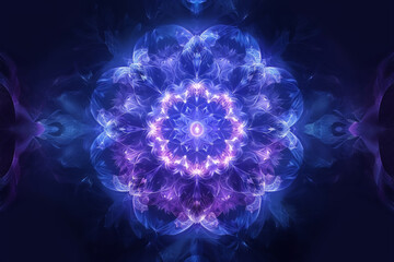 Majestic fractal floral design in deep blue and purple tones with a symmetrical and ethereal glow.