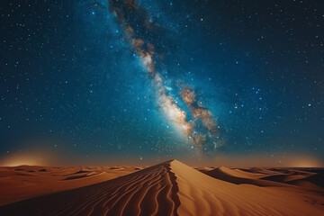 Desert under the night sky with the Milky Way painting the horizon with stars and nebulae