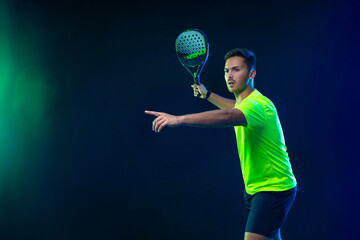 Tennis player banner on the black background. Tennis template for ads with copy space. Mockup for...