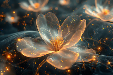 Digital illustration of a translucent flower with glowing golden particles on a surreal dark background.