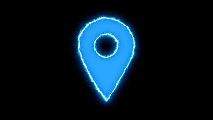 Neon blue location icon glowing on dark background.