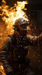 Fototapeta premium Man in Gas Mask Holding Fire Extinguisher