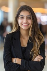 Obraz premium Confident businesswoman smiling in professional setting with copy space on blurred background