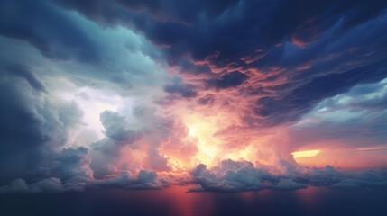 dramatic huge clouds of thunderstorm on sky with sunset