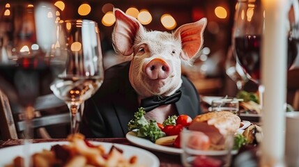 Pig in suit dining at table  quirky portrait of a business minded pig enjoying a meal