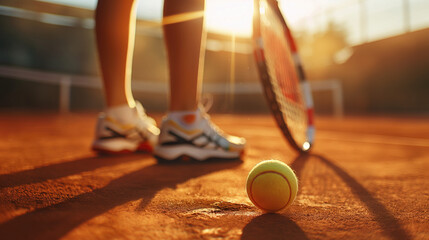 Tennis player on tennis court at sunset. Closeup of tennis racket and ball