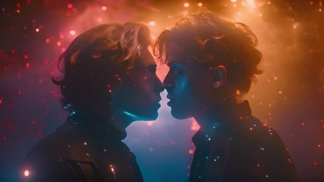 Stylish Handsome Young Adult Gay Couple kissing concept with colorful smoke. Two Happy Men in Love in Casual Clothes Make a Gentle Headbutt. Cute LGBT Relationship Content. 4k video. Beauty
