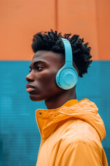 Young black model in profile, fashionable, wearing wireless headphones
